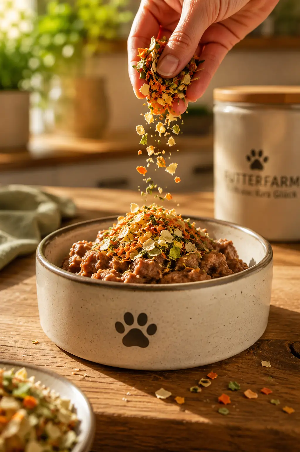 Hand streut natürliche Ergänzung über einen Napf mit Futter der Futterfarm