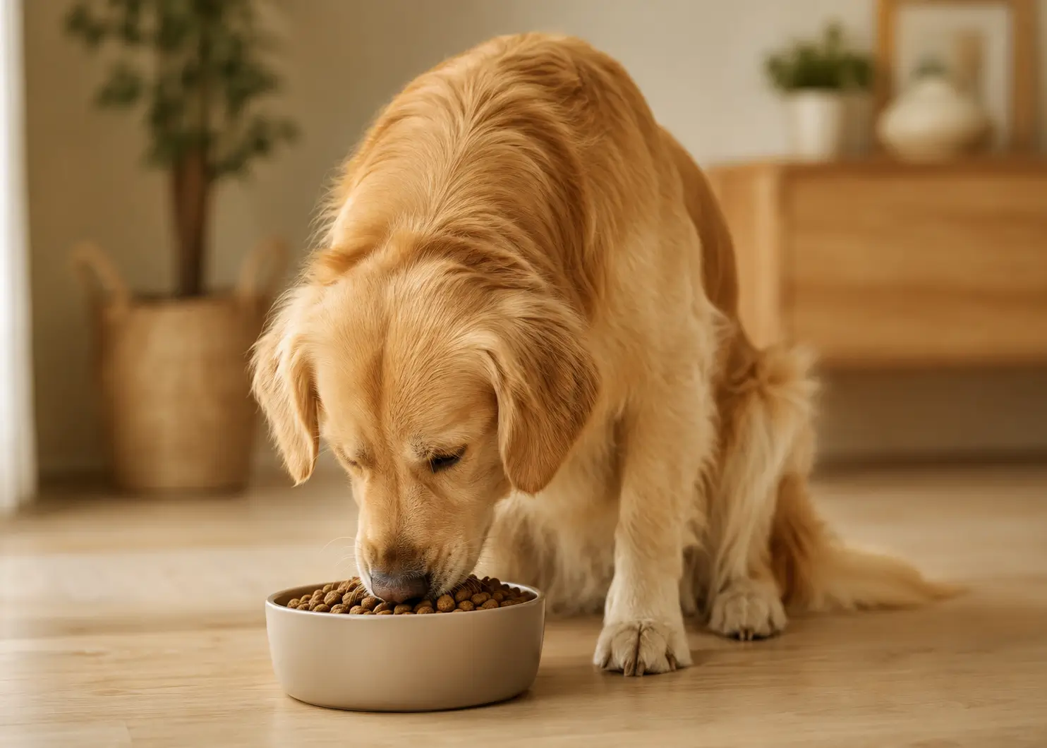 Hund frisst hochwertiges Trockenfutter aus einem Napf